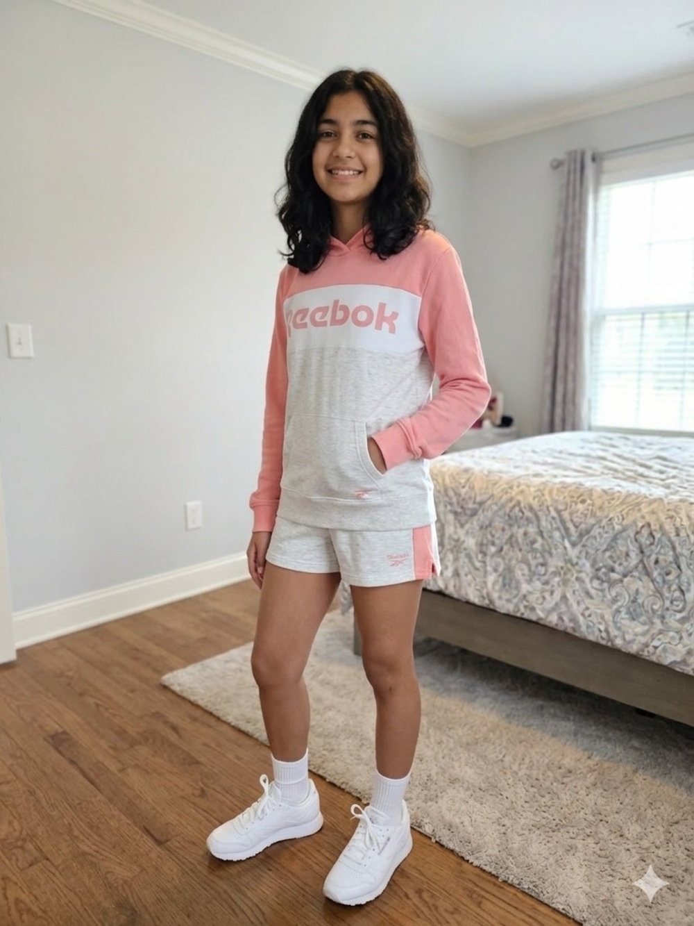 Reebok Pink & Light Gray Pullover Hoodie and Shorts Set 3 Pieces Set